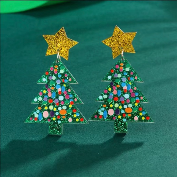 NWT Green Glitter Acrylic Christmas Tree Dangling Earrings Gold Star Polka Dots - Picture 3 of 4